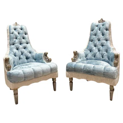 Pre-owned Arturo Pani French Hollywood Regency Original Pair Armchairs Tufted Blue White Velvet