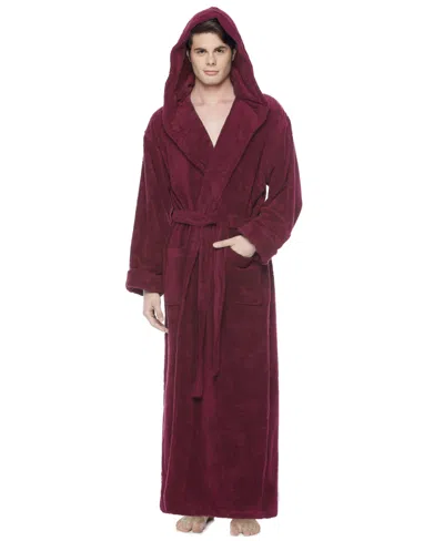 Arus Men's Thick Full Ankle Length Hooded Turkish Cotton Bathrobe In Burgundy