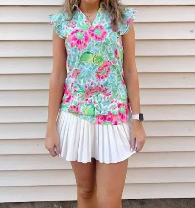 Aryeh Ruffle Sleeve Polo Top In Tropical Flower In Blue