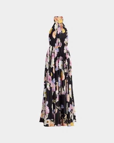 As It May Eli Floral-print Satin Halter Gown In Black