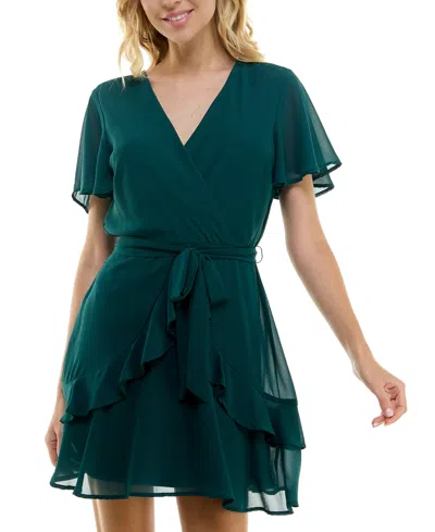 As U Wish Juniors' Chiffon Tie-waist Dress In Emerald Green