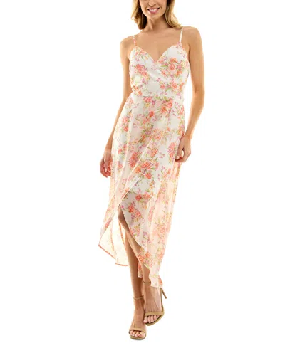 As U Wish Juniors' Floral-print High-low Chiffon Dress In Ivo,cor,ye