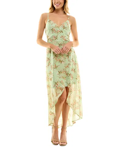 As U Wish Juniors' Floral-print High-low Chiffon Dress In Sag,pch,ol