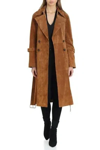 Pre-owned Asaavi Brown Suede Leather Long Coat Women Pure Goatskin Biker Trench Coat S M L Xl-369