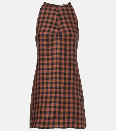 Asceno Antigua Gingham Linen Minidress In Brown