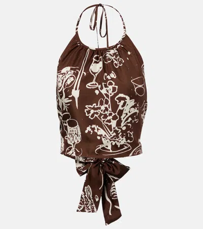 Asceno Bello Printed Halterneck Silk Crop Top In Brown