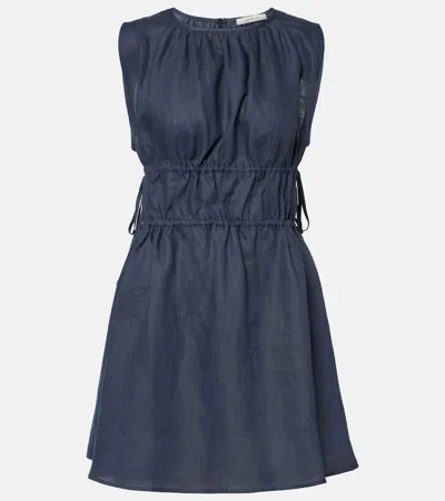 Asceno Como Gathered Linen Minidress In Blue