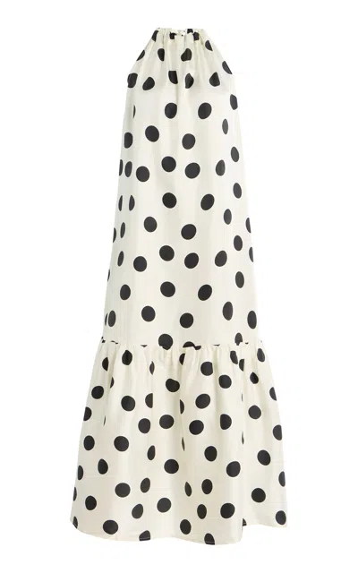 Asceno Exclusive Riviera Ibiza Polka-dot Silk-twill Maxi Dress In Black,white