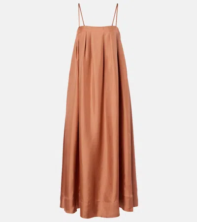 Asceno Heather Pleated Silk Twill Maxi Dress In Brown