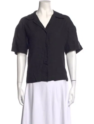Pre-owned Asceno Linen Short Sleeve Button-up Top In Black