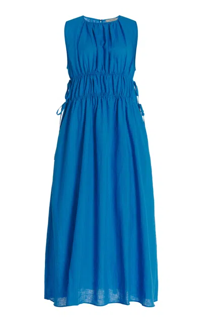 Asceno Petre Drawstring Linen Maxi Dress In Blue