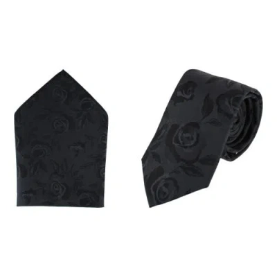 Ascentix Rose Print Tone On Tone Tie & Pocket Square Bundle In Black