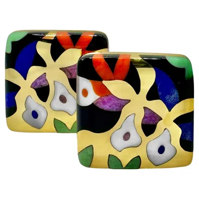 Pre-owned Asch Grossbardt 1 Inch By 1 Inch Yellow Gold  Floral Design Inlaid Stone Earrings