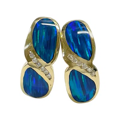Pre-owned Asch Grossbardt 14k Gold Black Opal Diamond Drop Earrings, 1980s
