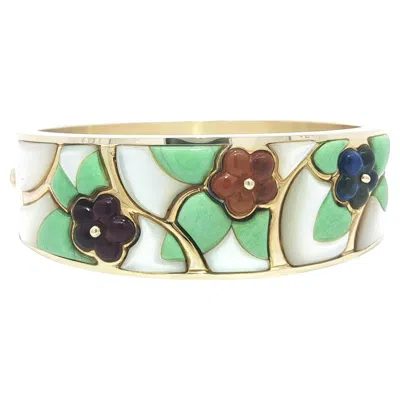 Pre-owned Asch Grossbardt 14k Gold Inlaid Mother Of Pearl Turquoise & Carved Stones Bangle In Multi