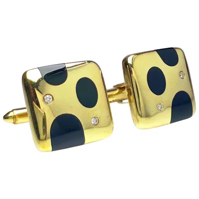 Pre-owned Asch Grossbardt 18 Karat Gold Cushion Cufflinks With Inlaid Onyx And Diamonds In Black