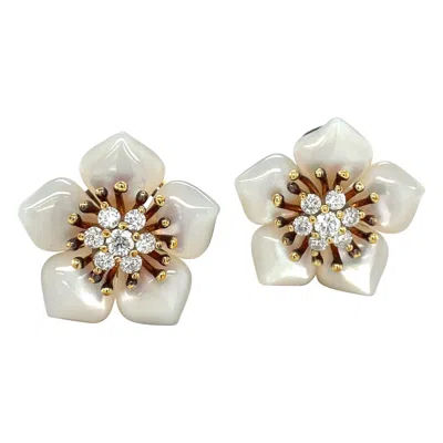 Pre-owned Asch Grossbardt 18 Kt Yg .80 Ct Diamond & Mother Of Pearl Flower Earrings In Multi
