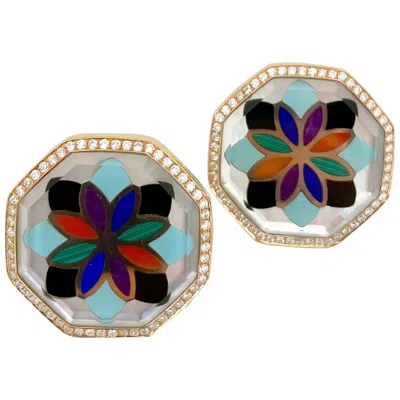 Pre-owned Asch Grossbardt 18k Rose Gold Mosaic Pattern Semi-precious And Diamond Earrings In Red