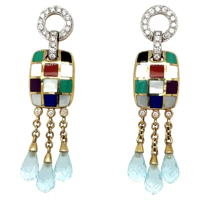 Pre-owned Asch Grossbardt 18kt Yg .40 Ct Diamond & Inlaid Stone Hanging Earrings In Multi