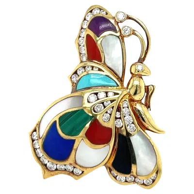 Pre-owned Asch Grossbardt 18kt Yg Butterfly Brooch With 0.80ct Diamonds & Inlaid Stones In Multi