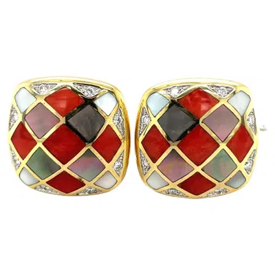 Pre-owned Asch Grossbardt 18kt Yg Earrings With Coral, Mother Of Pearl & 0.16ct Diamonds In Multi