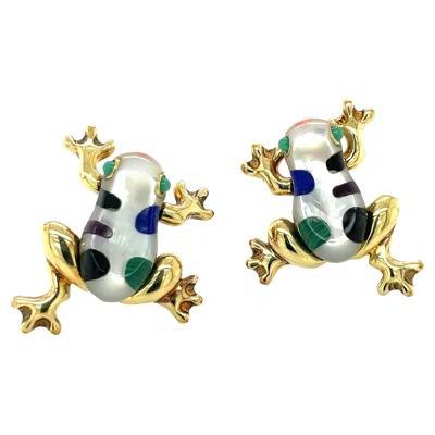 Pre-owned Asch Grossbardt 18kt Yg Mother Of Pearl Frog Earrings With Inlaid Stones In Multi