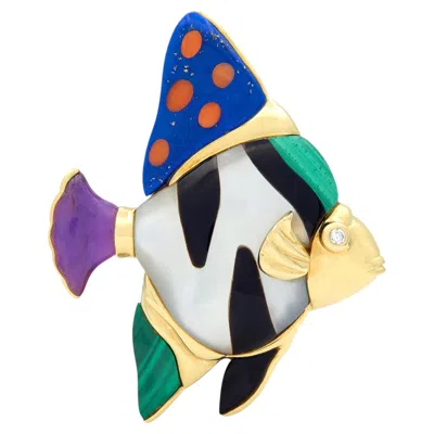 Pre-owned Asch Grossbardt 1980's Diamond Multi-gem 18k Gold Vintage Fish Pendant Brooch