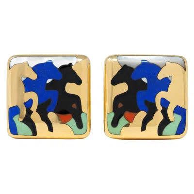 Pre-owned Asch Grossbardt 1980's Multi-gem 14k Gold Vintage Cushion Horse Inlay Earrings
