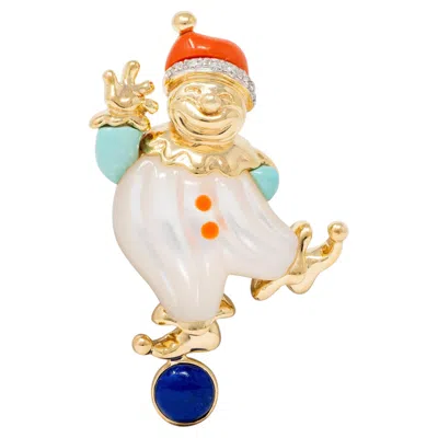 Pre-owned Asch Grossbardt 1980's Multi-gem Diamond 14k Gold Vintage Inlay Clown Brooch