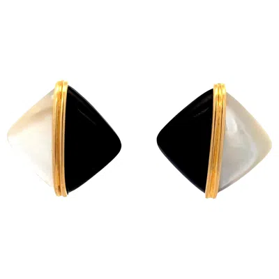 Pre-owned Asch Grossbardt 1980s  Onyx And Mother-of-pearl 14k Gold Earrings Pierced Ears In Black