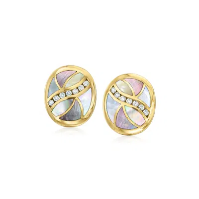 Pre-owned Asch Grossbardt C. 1980 Vintage  Multicolored Mother-of-pearl Inlay Earrings With .45 Ct. T.w. Diamon In Gold