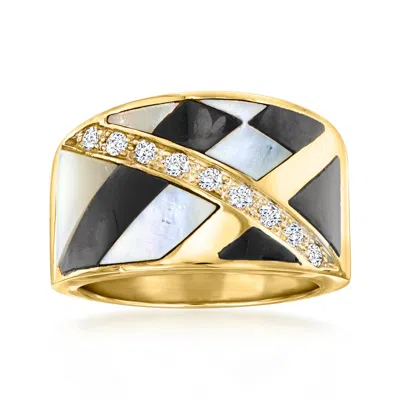 Pre-owned Asch Grossbardt C. 1990 Vintage  Mother-of-pearl And Onyx Ring With .22 Ct. T.w. Diamonds In 14kt Yel In Gold