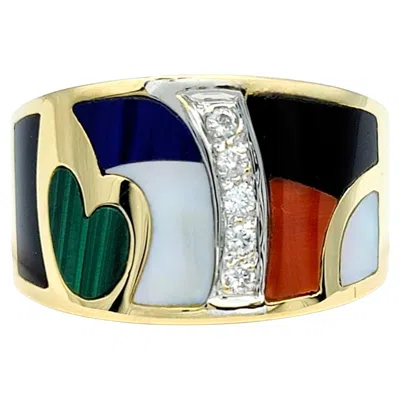 Pre-owned Asch Grossbardt Diamond And Multi Gem Inlay Wide Band Ring Set In 18 Karat Gold