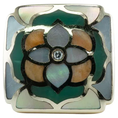 Pre-owned Asch Grossbardt Diamond Ring Inlaid 14k Gold Mother Of Pearl Mop Mandala In Multi