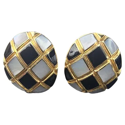 Pre-owned Asch Grossbardt Earrings Mother Pearl Mop Onyx Inlay 14k Yellow Gold 12.5g