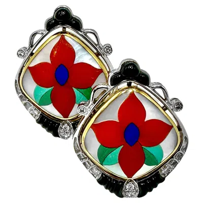 Pre-owned Asch Grossbardt Floral Design Inlaid Stone Earrings In White And Yellow Gold