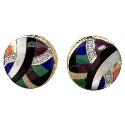 Pre-owned Asch Grossbardt Gemstone Diamond Inlay Stud Earrings 14k Yellow Gold 14g