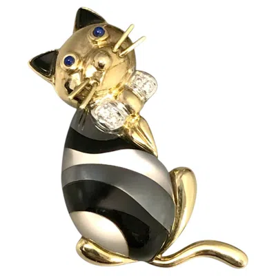 Pre-owned Asch Grossbardt Gold Stone Inlay And Gem Set Kitty Cat Brooch In Multi