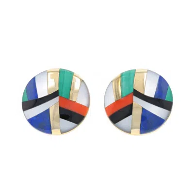 Pre-owned Asch Grossbardt Mop Coral Onyx Malachite Lapis Earrings Yellow Gold 14k Clip-ons