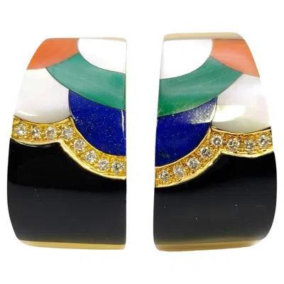 Pre-owned Asch Grossbardt Mosaic Gemstone And Diamond Inlay Earrings In 14 Karat Gold In Multi