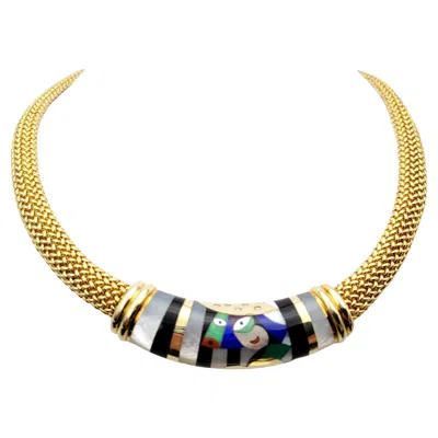 Pre-owned Asch Grossbardt Mosaic Gemstone And Diamond Inlay Gold Mesh Collar Necklace 14k In Multi