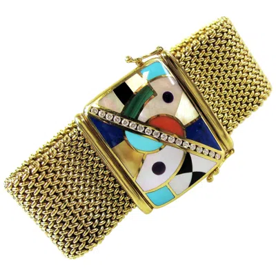 Pre-owned Asch Grossbardt Mosaic Gemstone & Diamond Inlay Wide Mesh Bracelet 14k Gold In Multi