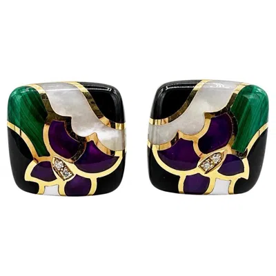 Pre-owned Asch Grossbardt Mosaic Multi Gem 14k Yellow Gold Clip Earrings