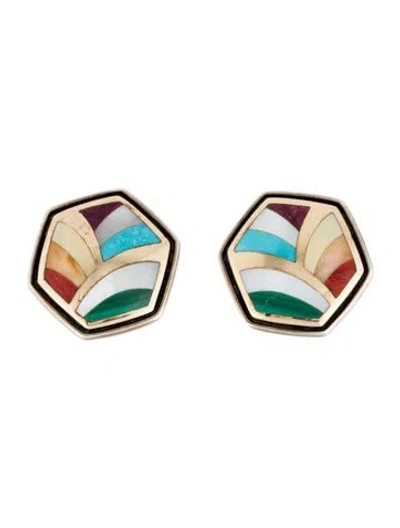 Pre-owned Asch Grossbardt Mother Of Pearl, Shell & Multistone Earclip Earrings In Blue/green/orange