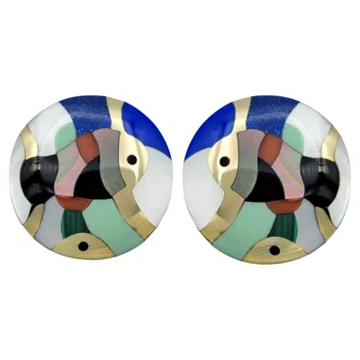 Pre-owned Asch Grossbardt Multi Gemstone Inlay Fish Motif Disc Earrings In 14 Karat Gold
