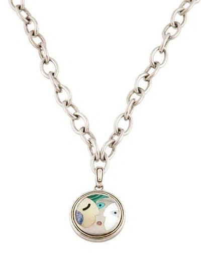 Pre-owned Asch Grossbardt Multistone & Mother Of Pearl Picasso Pendant Necklace, 17.5" In Multicolor