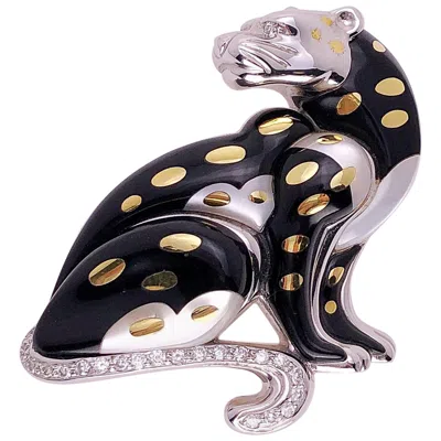 Pre-owned Asch Grossbardt Platinum & 18kt Gold Leopard Brooch With Onyx & Mother Of Pearl In Black