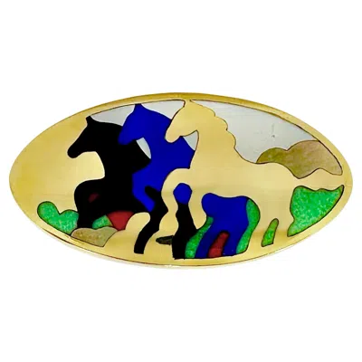 Pre-owned Asch Grossbardt Stampeding Horses Pendant/brooch In 14k Gold And Inlaid Stones By Asch Grosbardt In Multi