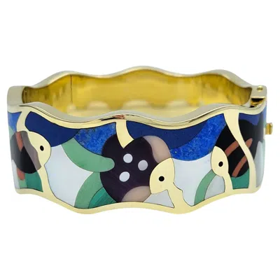 Pre-owned Asch Grossbardt Stone Inlay Fish Motif Hinged Cuff Bracelet In 18 Karat Gold In Multi