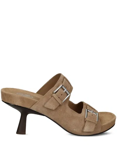 Ash Brown Suede Buckle Stiletto Sandals In Neutral